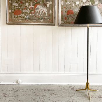 A 1950's Spanish Standing Lamp with Brass Tripod Base & Leather Covered Stem