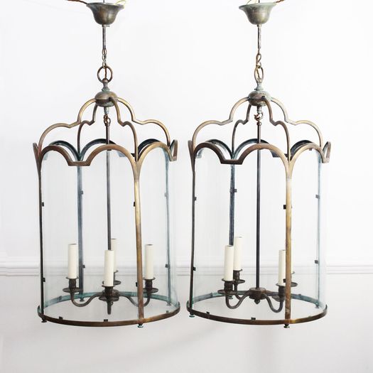 A Large Pair of 1950's Bronze & Glass Lanterns