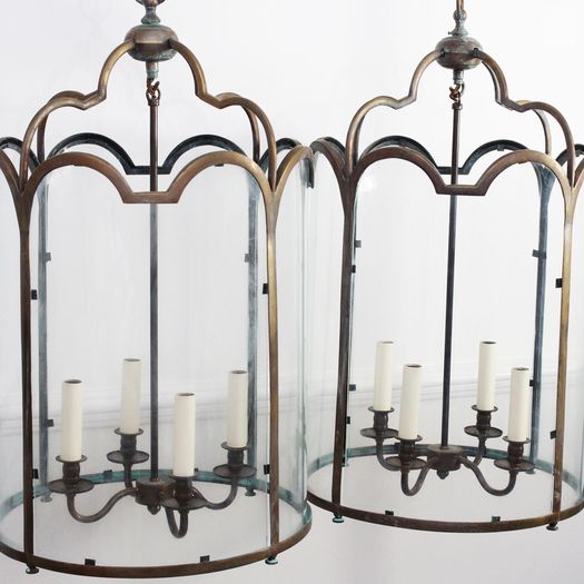 A Large Pair of 1950's Bronze & Glass Lanterns