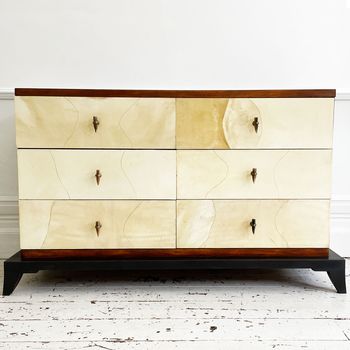An Art Deco American Parchment & Teak Six Drawer Commode