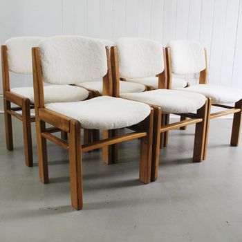 A Set of Six French 1970's Elm and Sheepskin Dining Chairs
