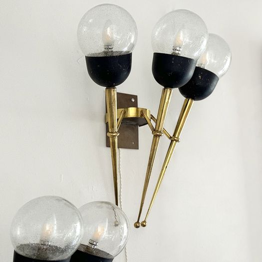 A Large Pair of Mid Century Brass Torch Wall Lights