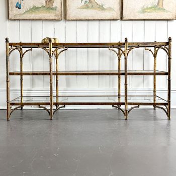 A Mid Century Spanish Gilt Metal Faux Bamboo Console Table with Glass Shelves