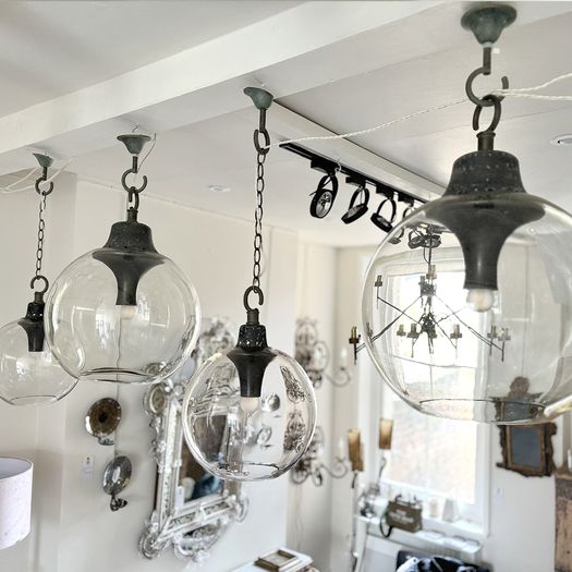 1970's Italian Pendant Lights with Large Glass Globe Shades