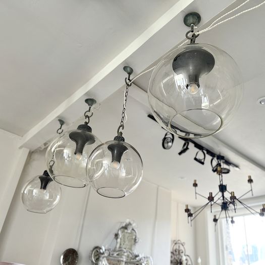 1970's Italian Pendant Lights with Large Glass Globe Shades