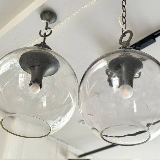 1970's Italian Pendant Lights with Large Glass Globe Shades