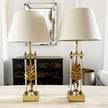 A Pair of Tall 1970's American Brass Table Lamps with Leaf Detail
