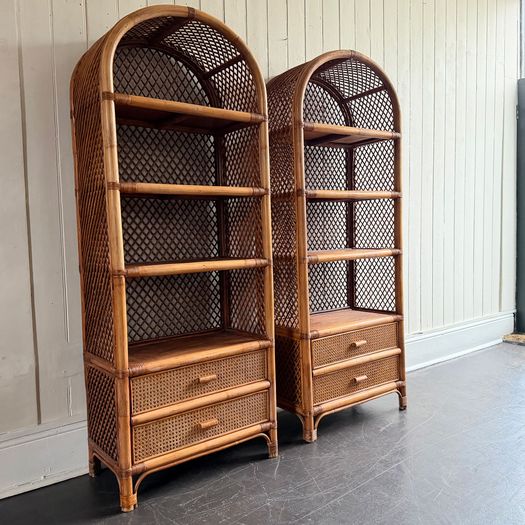 A Pair of 1970's French Bamboo & Rattan Etageres