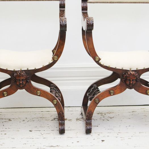 A Pair of 18th C Italian Dante Throne Chairs in the Renaissance Style