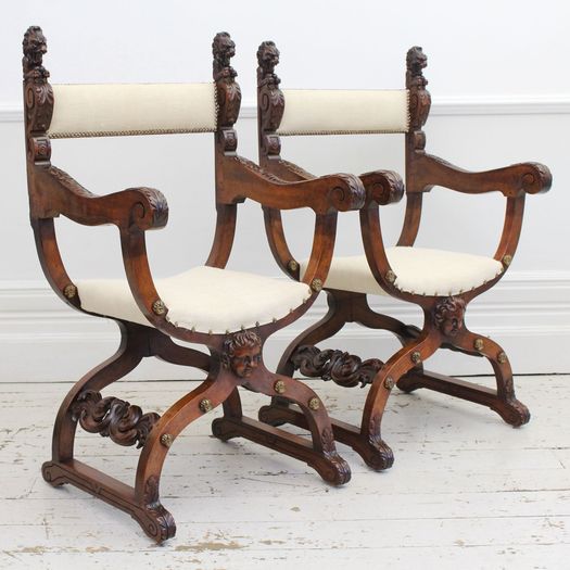 A Pair of 18th C Italian Dante Throne Chairs in the Renaissance Style