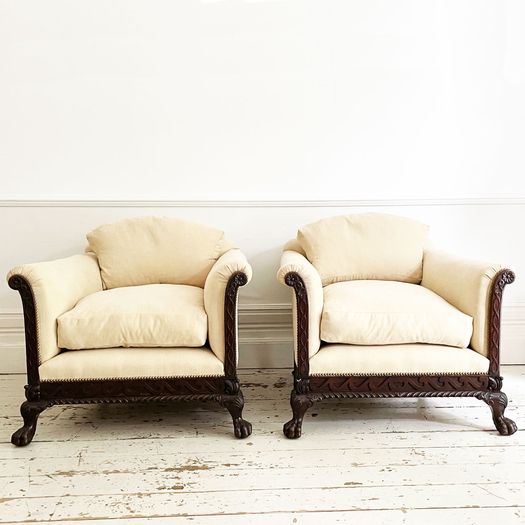 A Majestic Pair of 19th C Carved Mahogany Armchairs