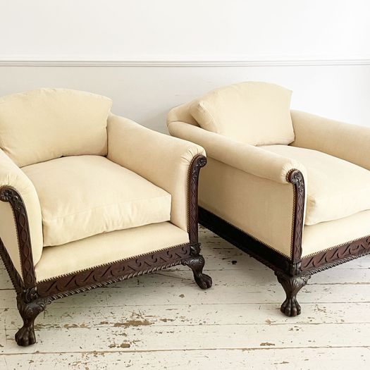 A Majestic Pair of 19th C Carved Mahogany Armchairs