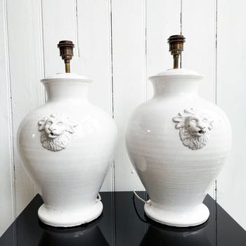 A Pair of 1950's Italian White Ceramic Table Lights with Lion Head Detail