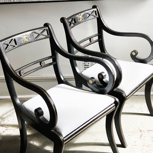 A Pair of Regency Style Ebonised and Decorated Armchairs