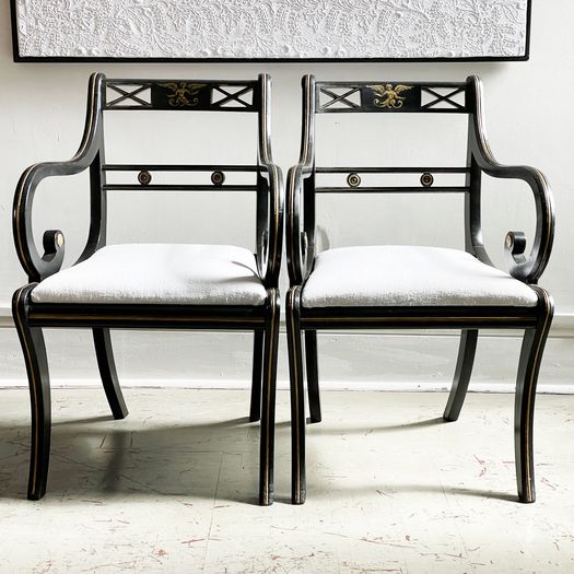 A Pair of Regency Style Ebonised and Decorated Armchairs