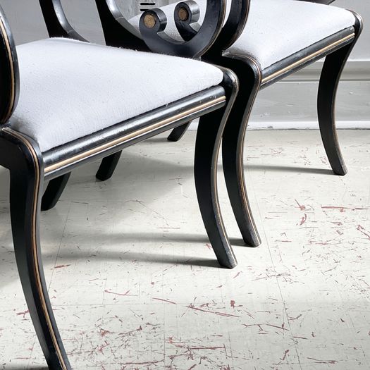A Pair of Regency Style Ebonised and Decorated Armchairs