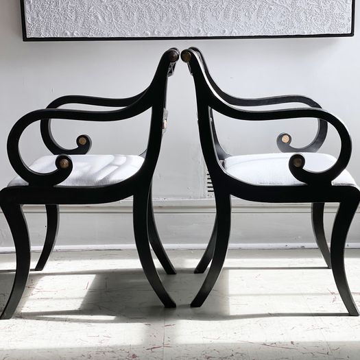 A Pair of Regency Style Ebonised and Decorated Armchairs
