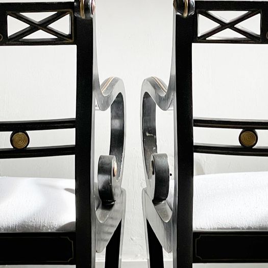 A Pair of Regency Style Ebonised and Decorated Armchairs