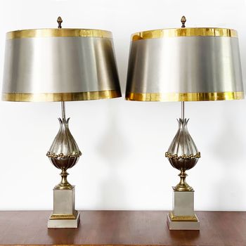 A Rare Pair of 1950's Maison Charles Lotus Table Lights with Original Shades