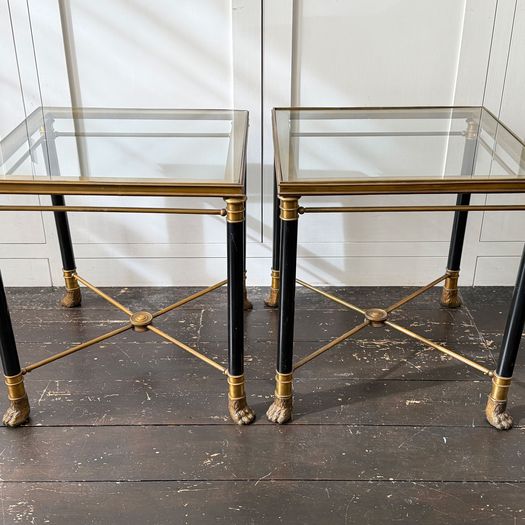 A Pair of 1950's French Brass Polychrome & Glass Side Tables by Maison Jansen