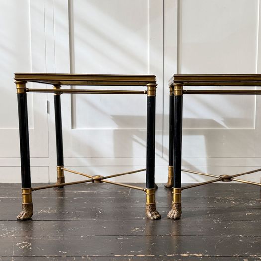 A Pair of 1950's French Brass Polychrome & Glass Side Tables by Maison Jansen