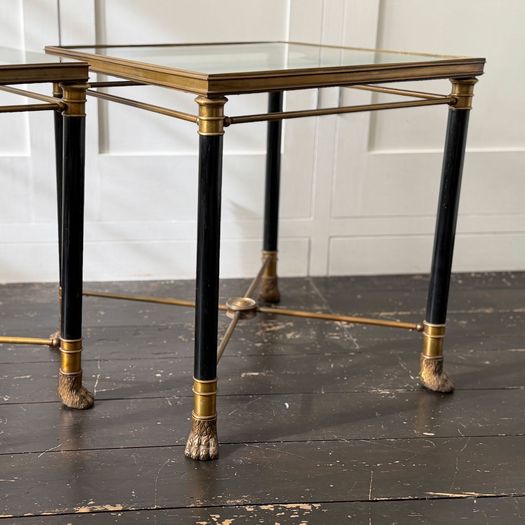 A Pair of 1950's French Brass Polychrome & Glass Side Tables by Maison Jansen