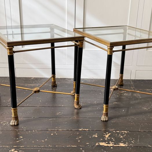 A Pair of 1950's French Brass Polychrome & Glass Side Tables by Maison Jansen