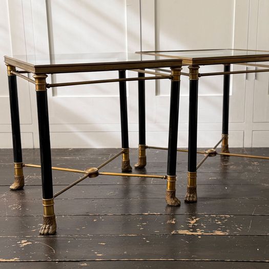 A Pair of 1950's French Brass Polychrome & Glass Side Tables by Maison Jansen