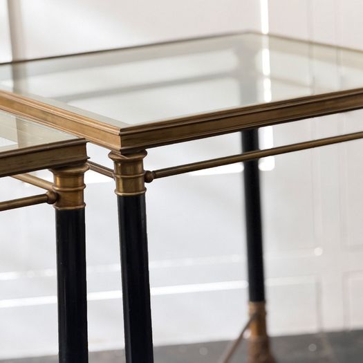 A Pair of 1950's French Brass Polychrome & Glass Side Tables by Maison Jansen