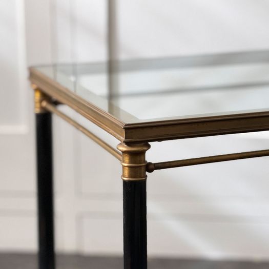 A Pair of 1950's French Brass Polychrome & Glass Side Tables by Maison Jansen