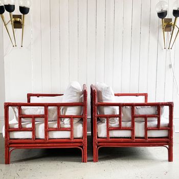 A Pair of 1960's Raspberry Red Bamboo Armchairs