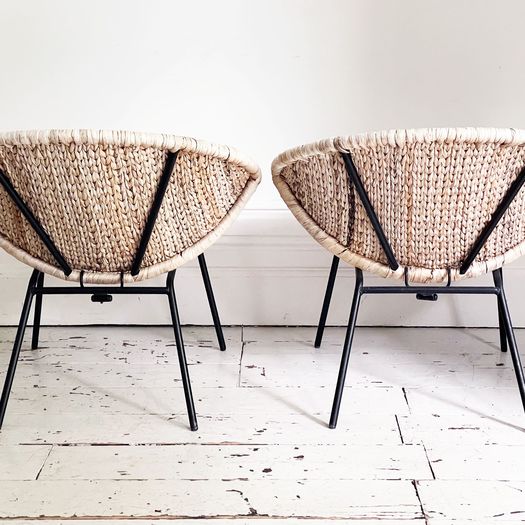 A Pair of 1960's French Bleached Raffia Bucket Chairs
