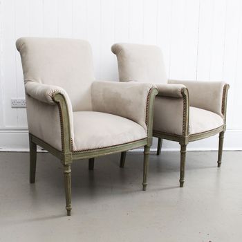 A Pair of Late 19th C Painted Scroll Back Velvet Armchairs