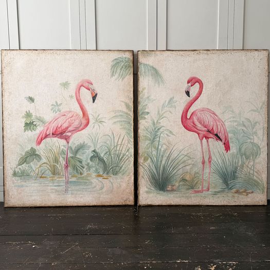 A Pair of Large Italian Oil on Gesso Flamingo Paintings