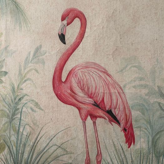 A Pair of Large Italian Oil on Gesso Flamingo Paintings