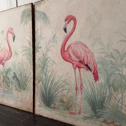 A Pair of Large Italian Oil on Gesso Flamingo Paintings