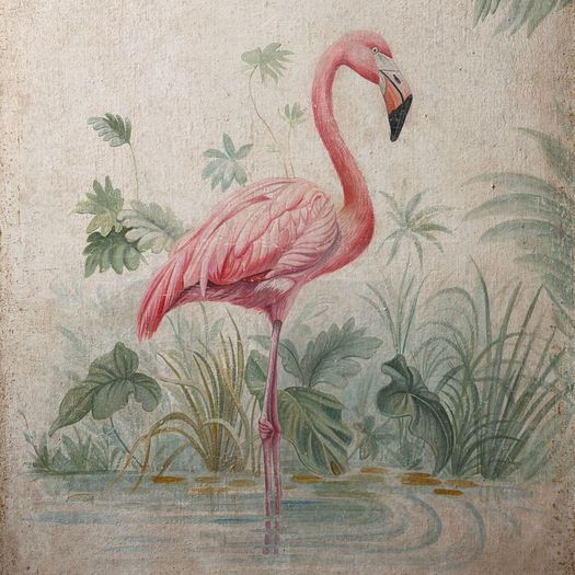 A Pair of Large Italian Oil on Gesso Flamingo Paintings