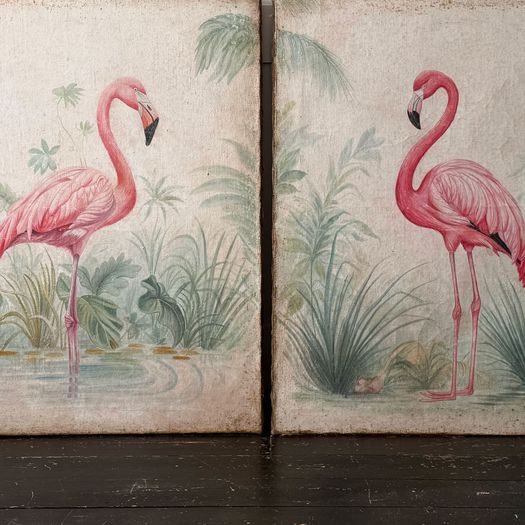 A Pair of Large Italian Oil on Gesso Flamingo Paintings