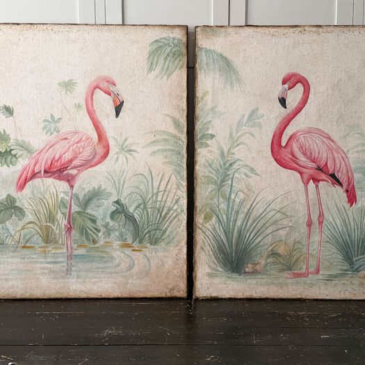A Pair of Large Italian Oil on Gesso Flamingo Paintings