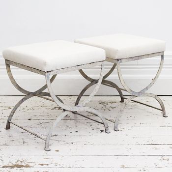 A Pair of 19th C Painted White Metal Stools with Linen Covering