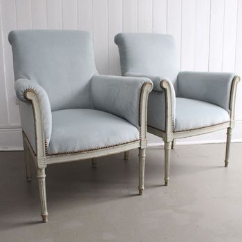 A Pair of Late 19th C Painted Scroll Back Velvet Armchairs II