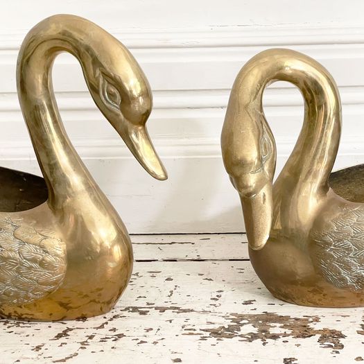 A Pair of 1950's American Brass Swan Planters