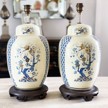 A Pair of 1970's American Chinoiserie Decorated Ceramic Table Lamps