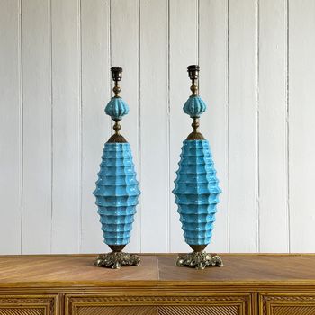 A Rare Pair of Manises Turquoise Ceramic & Bronze Table Lights