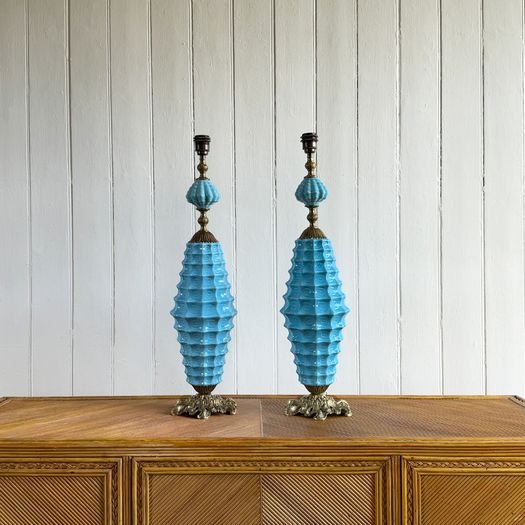 A Rare Pair of Manises Turquoise Ceramic & Bronze Table Lights