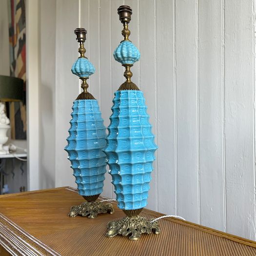 A Rare Pair of Manises Turquoise Ceramic & Bronze Table Lights