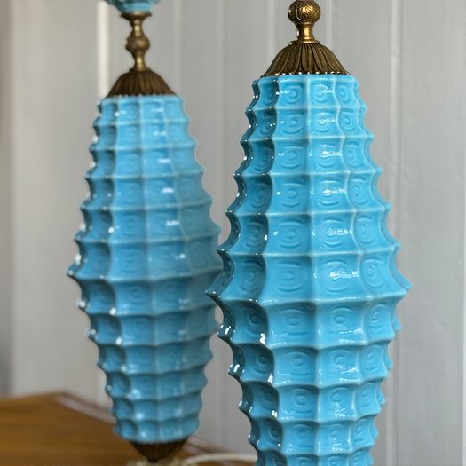 A Rare Pair of Manises Turquoise Ceramic & Bronze Table Lights