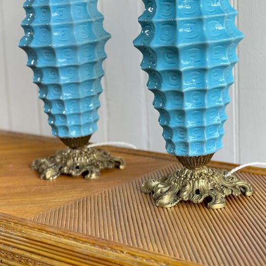 A Rare Pair of Manises Turquoise Ceramic & Bronze Table Lights