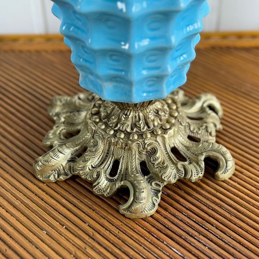 A Rare Pair of Manises Turquoise Ceramic & Bronze Table Lights