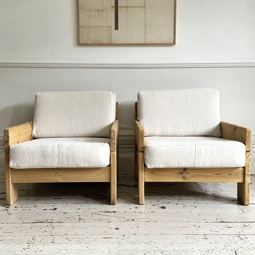 A Pair of French 1970's Pine Armchairs